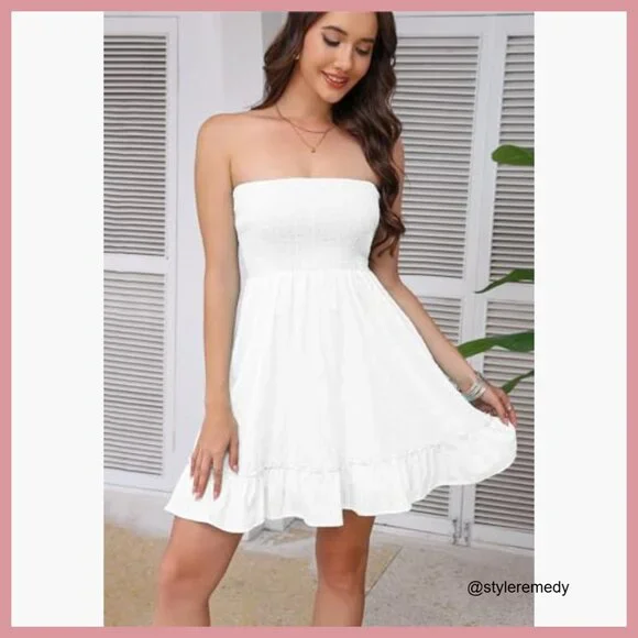 100% Cotton Strapless Mini Dress Smocked A-Line Beach Cover Up - Picture 4 of 7